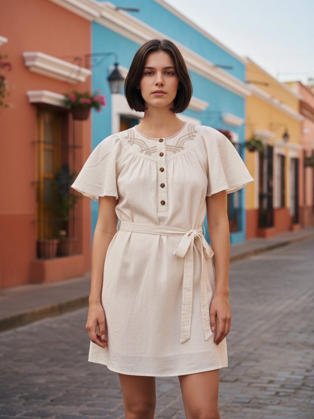 Sonoma Cream Embroidered Neckline Linen Blend Dress, Size Large - NWT